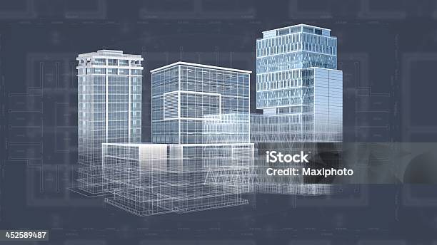 Architecture Project Blueprint Background With 3d Buildings Model Stock Photo - Download Image Now