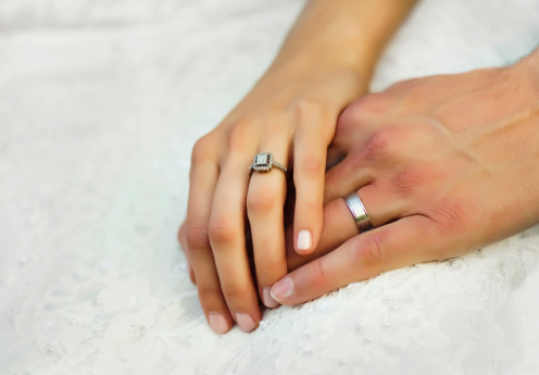 Wedding rings displayed on newlywed couple.