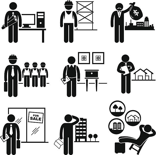 Construction Real Estates Jobs Occupations Careers A set of pictograms showing the professions of people in the construction and real estates industry. banking silhouettes stock illustrations