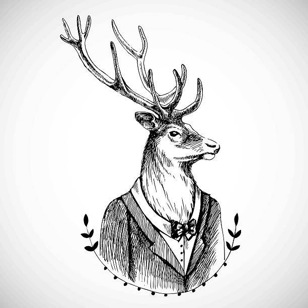 Portrait of a deer in tuxedo Portrait of a deer in a tuxedo . Hand drawn vector illustration. Hipster style formalwear illustrations stock illustrations