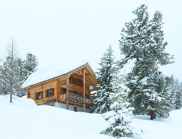 istock wood house in winter misty mountain 452605715