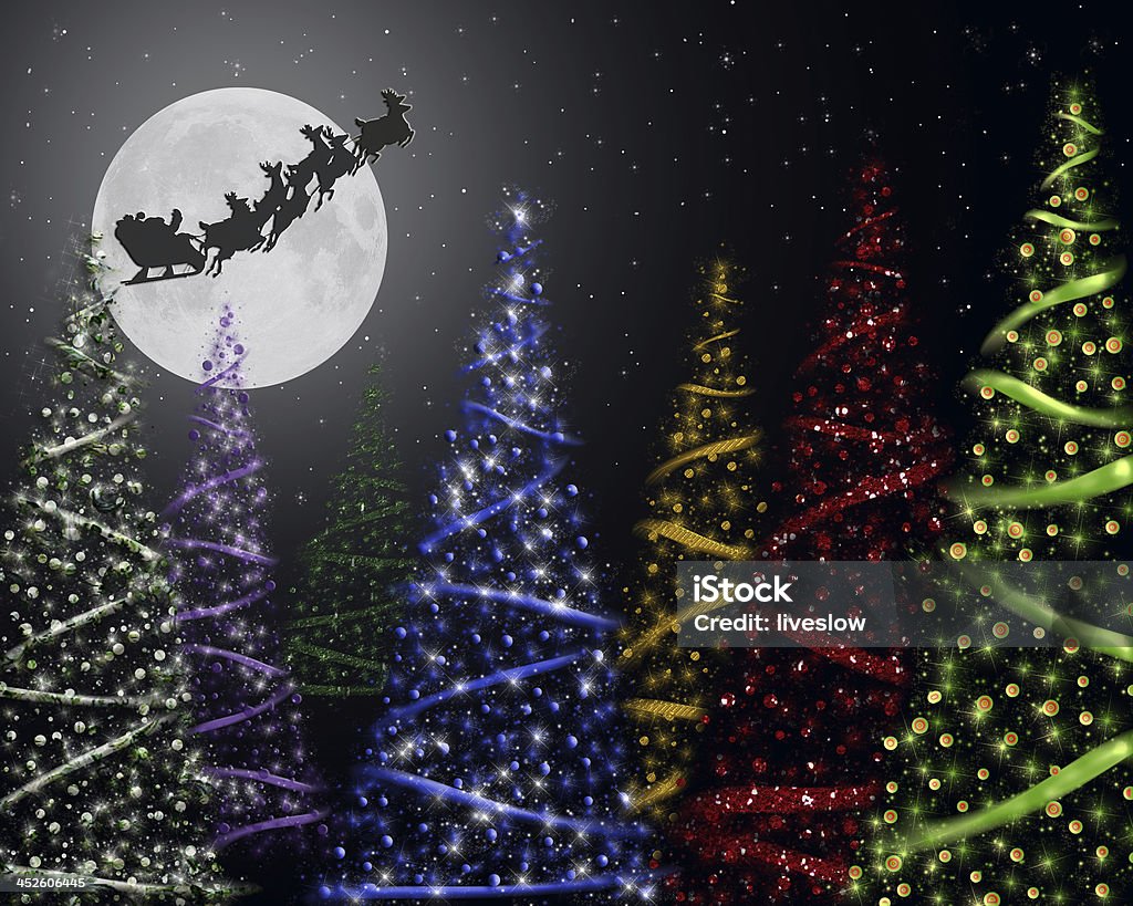 colorful Christmas trees Colorful Christmas trees with full moon and Santa Claus with reindeer silhouette. Christmas Stock Photo