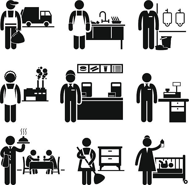 Low Income Jobs Occupations Careers A set of pictograms showing the professions of people in the low income industry. custodian silhouette stock illustrations