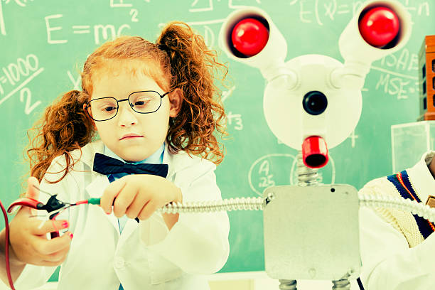 éducation: retour du rétro enfants faire robot en science lab. - child back to school mustache african ethnicity photos et images de collection