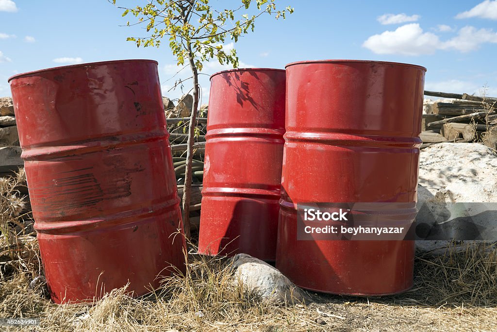 Red barrel three red barrel Oil Drum Stock Photo