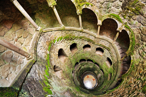 The Inverted Tower (Initiation Well), staircase in Quinta da Regaleira, Sintra, Portugal
