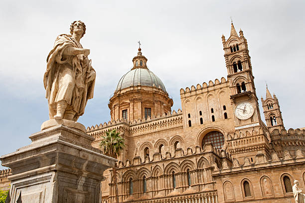 Palermo - South portal of Cathedral or Duomo and statue of st. Eustatius