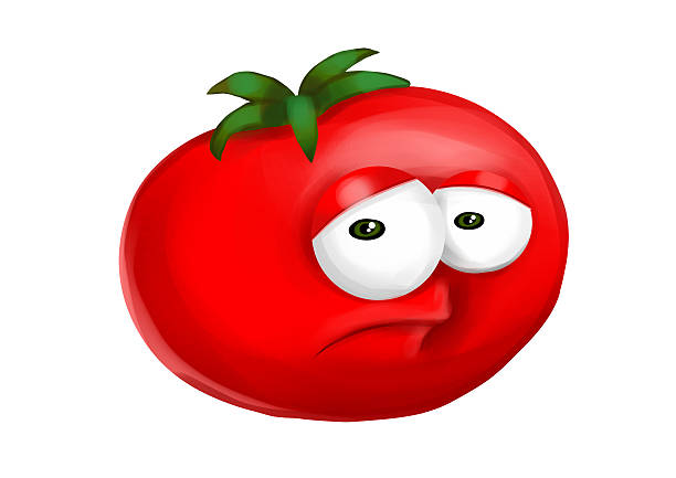 Sad red tomato cartoon, a depressed, disappointed character, standing on a white background. May represent unhealthy lifestyle, non-organic food and nutrition, disadvantages of vegetarianism and veganism or serve as an illustration for children. Intense red color represents alternative nutrition and health. Front view of a cute and funny tomato character which hovers over the floor with a delicate shadow. Two big, sad eyes of this veggie toon enhance its deeply sorrowful, sad expression.