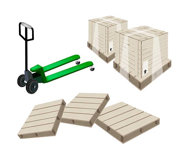 Pallet Truck Loading A Shipping Box A Fork Pallet Truck Loading A Wooden Crate or Cargo Box Isolated on White Background, Ready for Shipping or Delivery. pallet jack handle stock illustrations