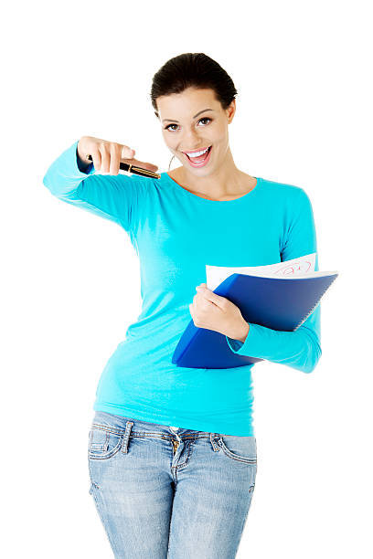 istock Young casual student woman holding file. 452657741