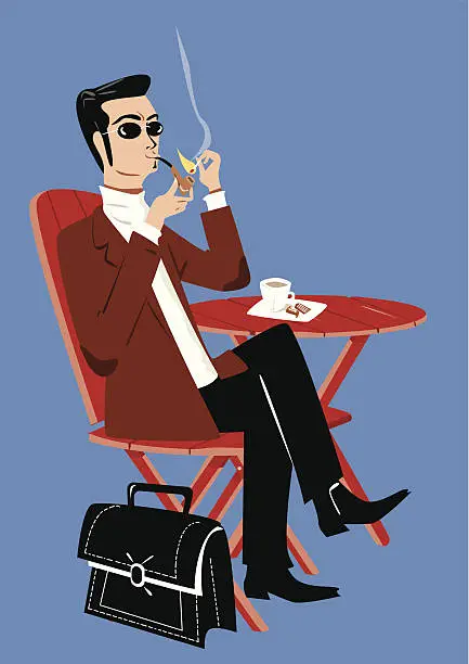 Vector illustration of Man sitting smoking a pipe and drinking coffee