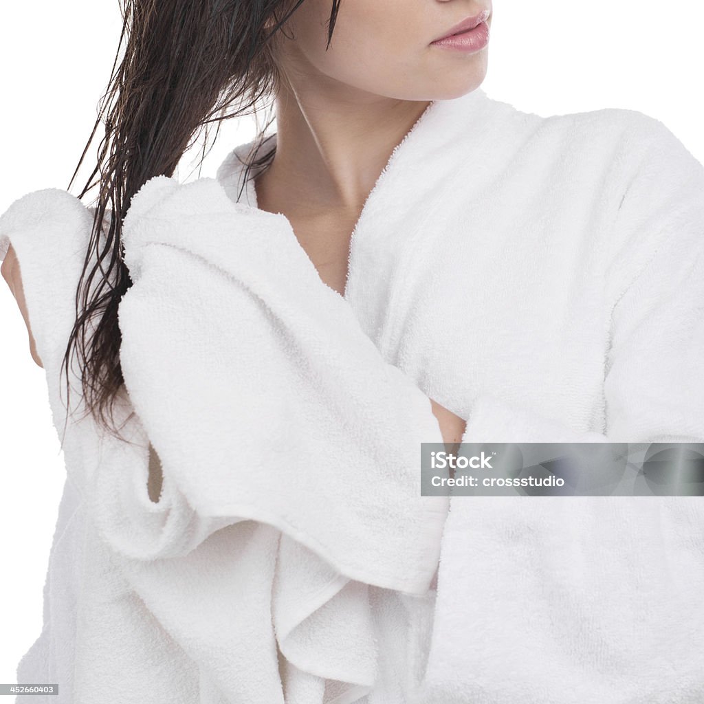 Girl after shower. Wiping hairs after bathroom Wet Hair Stock Photo