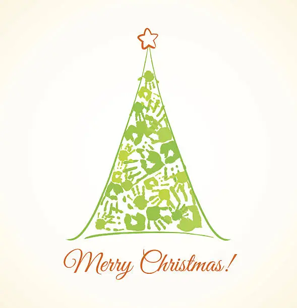 Vector illustration of Green Christmas tree made of handprints