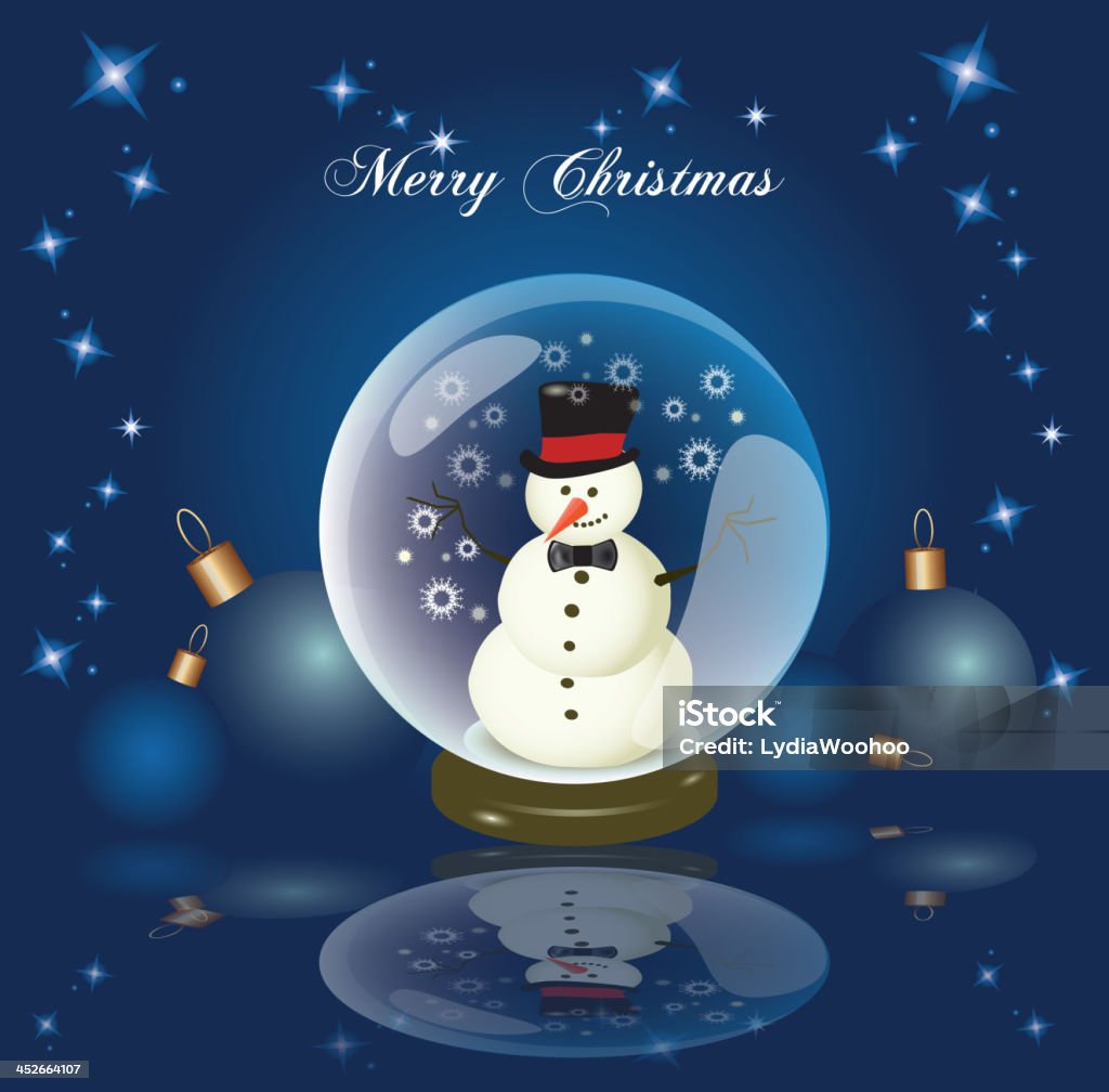 Christmas Snow Globe Snowman neon blue background with snow globe who reflected on the floor and four blue baubles, vector illustration Christmas stock vector