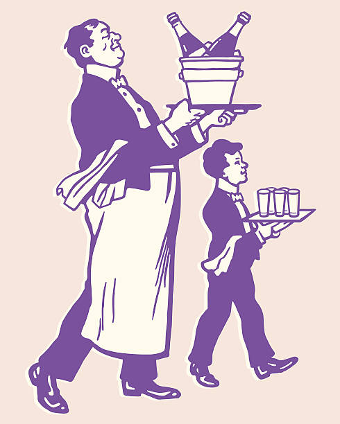 dwa kelnerzy - butler champagne service waiter stock illustrations