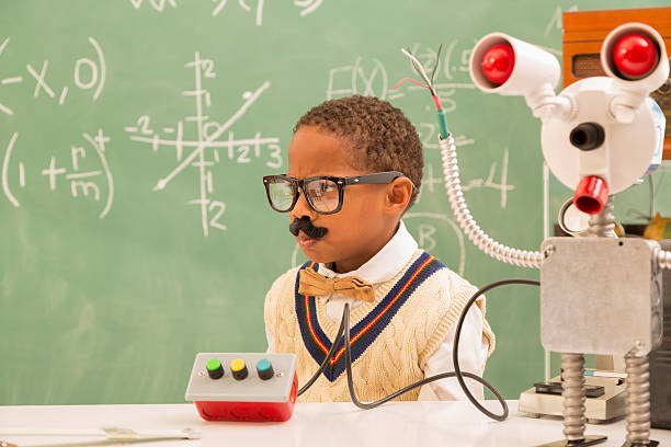 éducation: retour du rétro garçon faisant robot en science lab. - child back to school mustache african ethnicity photos et images de collection