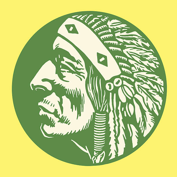 green, circular image with green native american man profile - native american north american tribal culture tribal chief headdress stock illustrations
