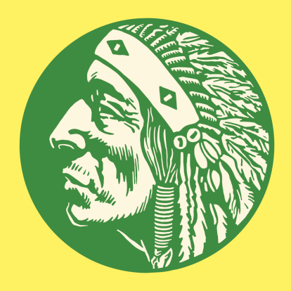 Green, circular image with green Native American man profile
