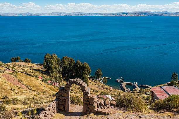 Titicaca Lake from Taquile Island peruvian Andes Puno Peru stock photo