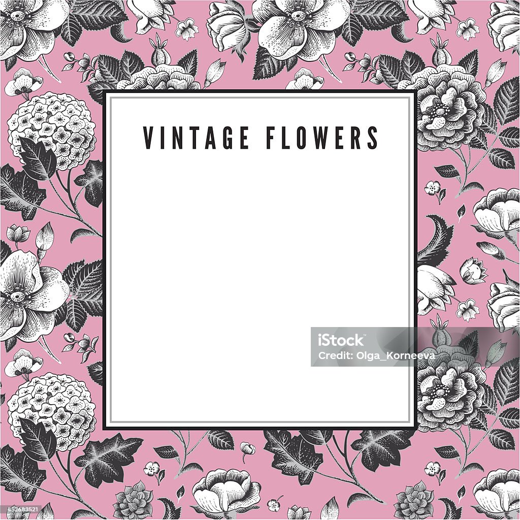 Elegant Vintage card with various garden flowers Elegant Vintage card with various garden flowers. Flowers roses, dog-rose hydrangea in pink color. Vector illustration Anniversary stock vector