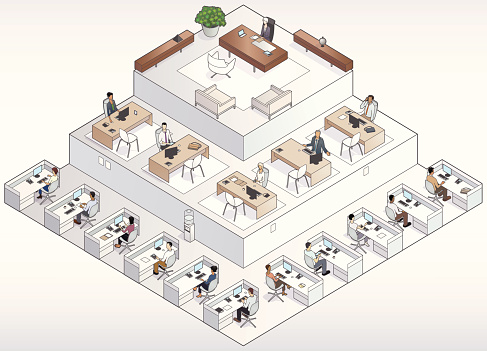 A conceptual tiered office in the shape of a pyramid includes workers, managers and the CEO.
