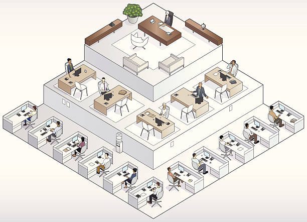 Company Pyramid A conceptual tiered office in the shape of a pyramid includes workers, managers and the CEO. corporate office cubicle stock illustrations