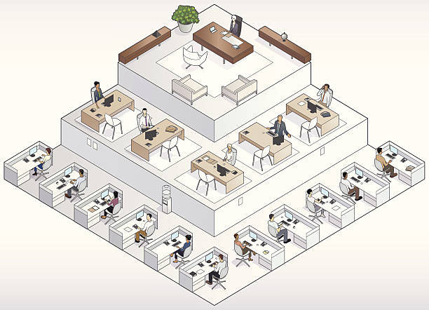 Company Pyramid A conceptual tiered office in the shape of a pyramid includes workers, managers and the CEO. corporate hierarchy stock illustrations