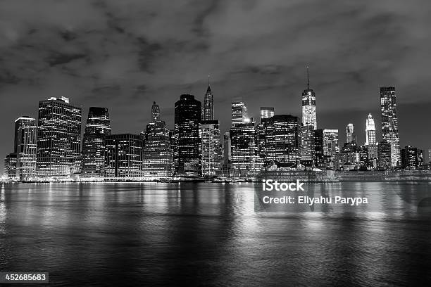 New York City Manhattan Skyline In Black And White Stock Photo - Download Image Now - Black And White, New York City, Night