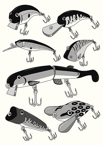 ilustraciones, imágenes clip art, dibujos animados e iconos de stock de bassfishinglures - black bass illustrations