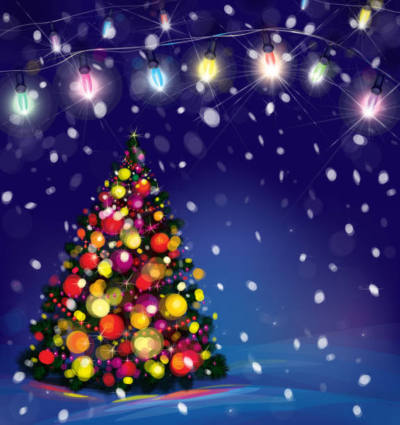 Vector Christmas tree and lights decorations on snowfall background. Background is my creative handdrawing and you can use it for winter, Christmas design and etc, with space for your text,  made in vector, Adobe Illustrator 10 EPS file, transparency effects used in  file. light through trees stock illustrations