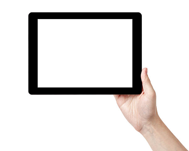 istock adult man hands holding tablet pc with white screen 452687325