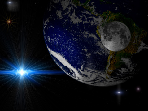Planet Earth and the moon from space with stars glowing around them.