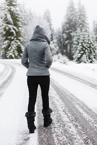istock Woman walking alone on winter landscape 452696265