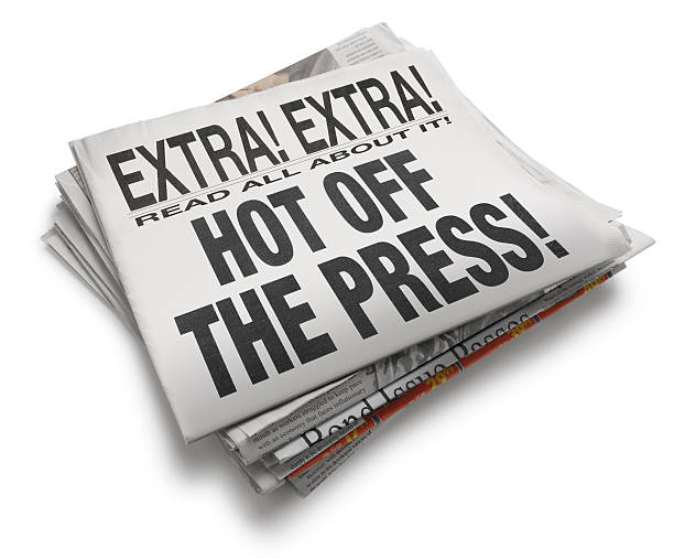 Hot off the Press Newspaper Headline On White Background The front page of a newspaper with the headline "Hot Off the Press". Front section of newspaper is on top of loosely stacked remainder of newspaper. All visible text is authored by the photographer. Photographed in a studio setting on a white background with a slight wide angle lens. newspaper headline photos stock pictures, royalty-free photos & images