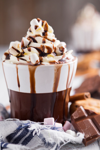Hot chocolate with whipped cream and marshmallows.