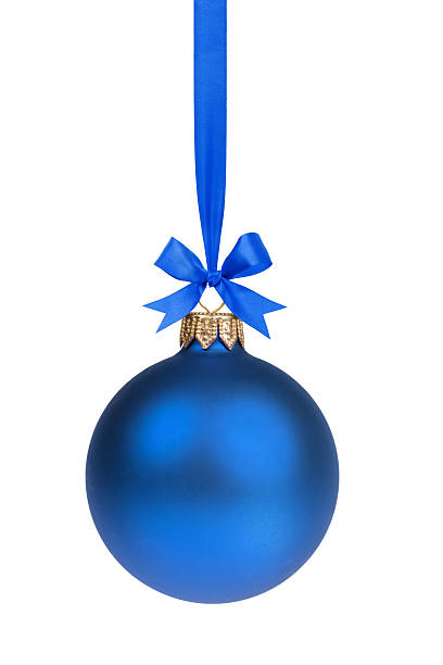 istock single simple blue christmas ball hanging on ribbon 452710989
