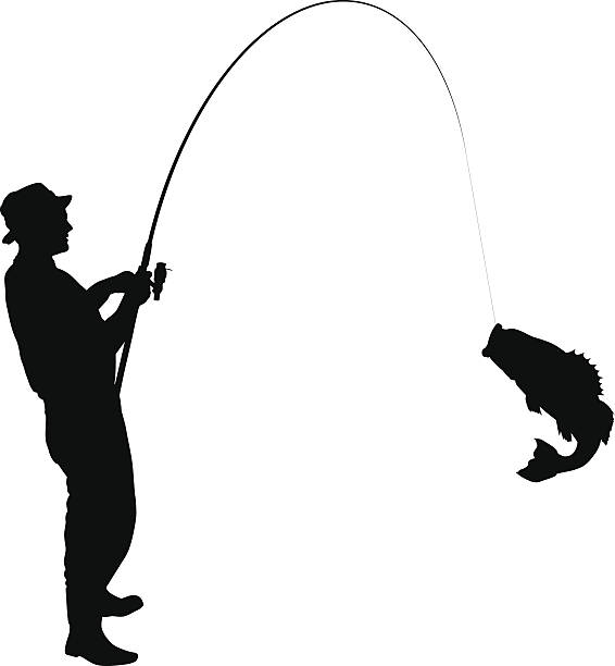 Fishing Silhouette Fisherman caught a fish silhouette bass fish stock illustrations