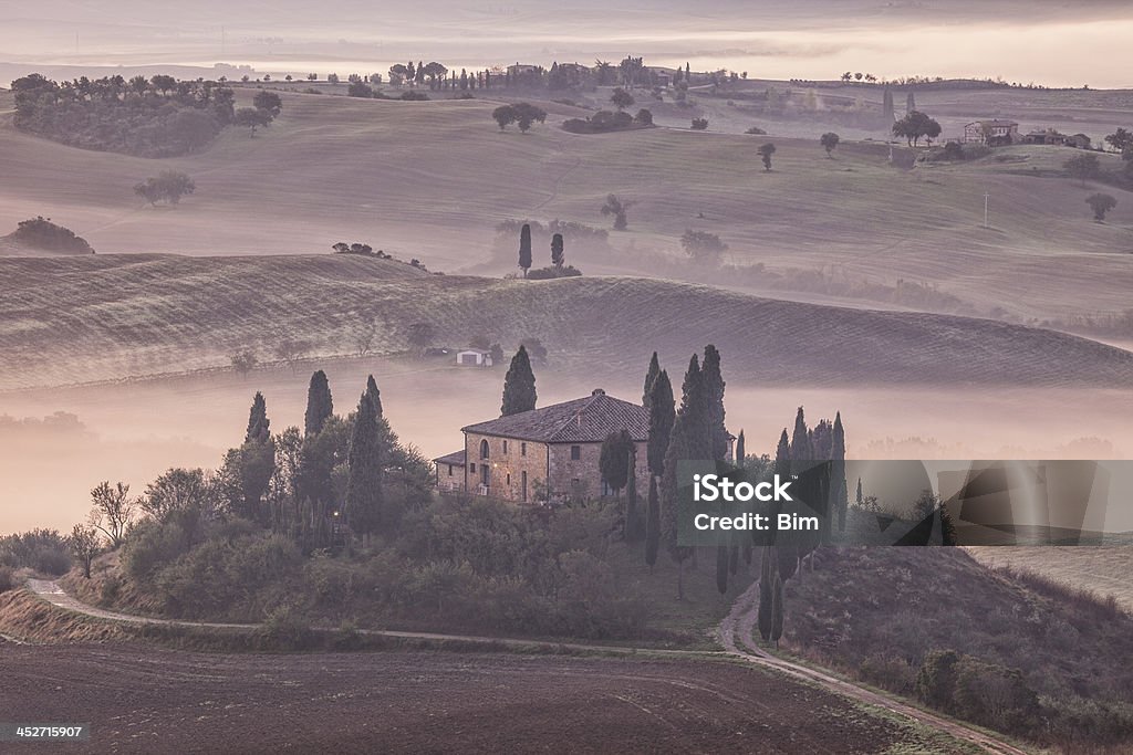 Misty paisagem de colinas ao amanhecer, Toscana, Itália - Foto de stock de Agricultura royalty-free