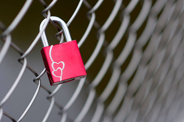 istock Red love padlock with heart shapes on chainlink fence 452719183