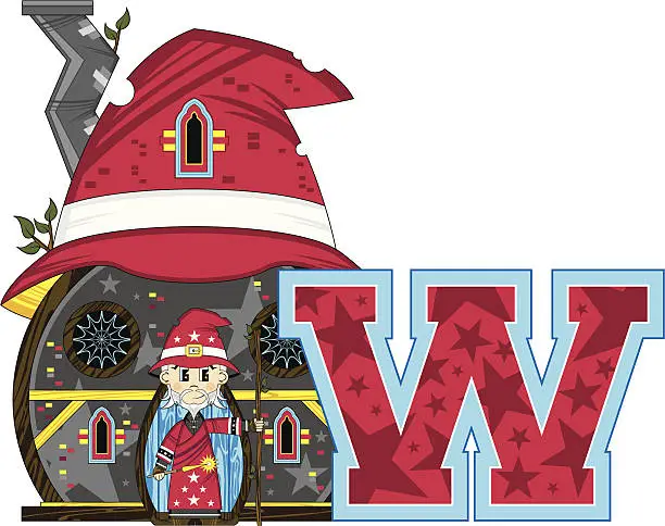 Vector illustration of Little Wizard at House Learning Letter W