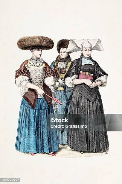 Alemão Mulheres De Estrasburgo Na Roupa Tradicional Do 1670 - Arte vetorial de stock e mais imagens de Alemanha