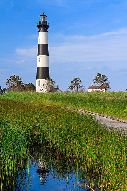 Bodie Island Lighthouse Reflection The Bodie Island Lighthouse, with a boardwalk leading to it, is reflected in a pond with reed grass at Cape Hatteras National Seashore on North Carolina's Outer Banks. cape hatteras stock pictures, royalty-free photos & images