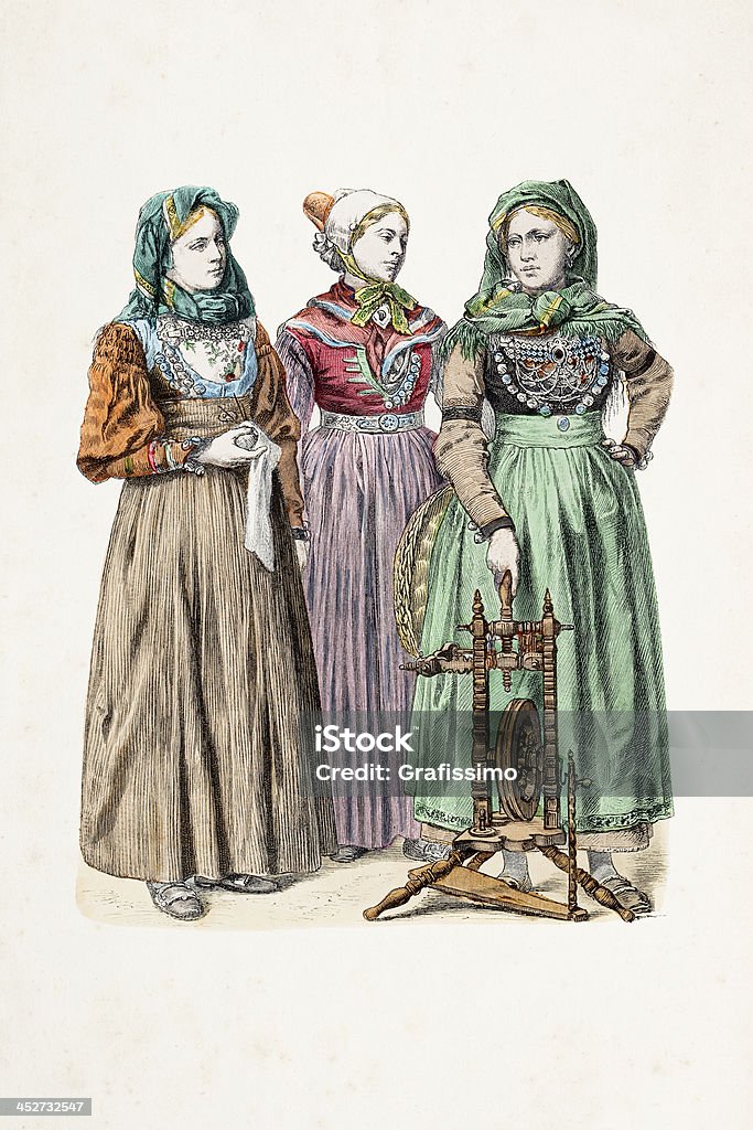 Deutsche Frauen der Insel Föhr in traditioneller Kleidung aus dem Jahre 1870 - Lizenzfrei 19. Jahrhundert Stock-Illustration