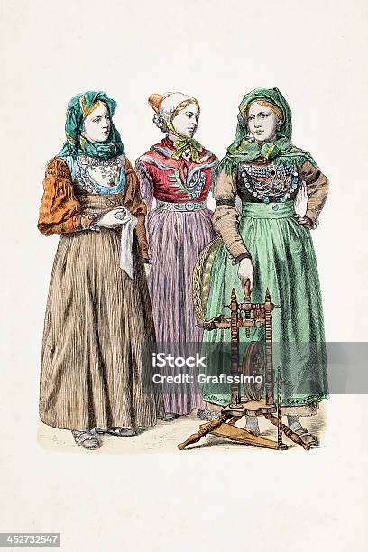 Niemiecki Kobiet Wyspa Föhr W Tradycyjny Strój Z 1870 - Stockowe grafiki wektorowe i więcej obrazów Artykuły do szycia