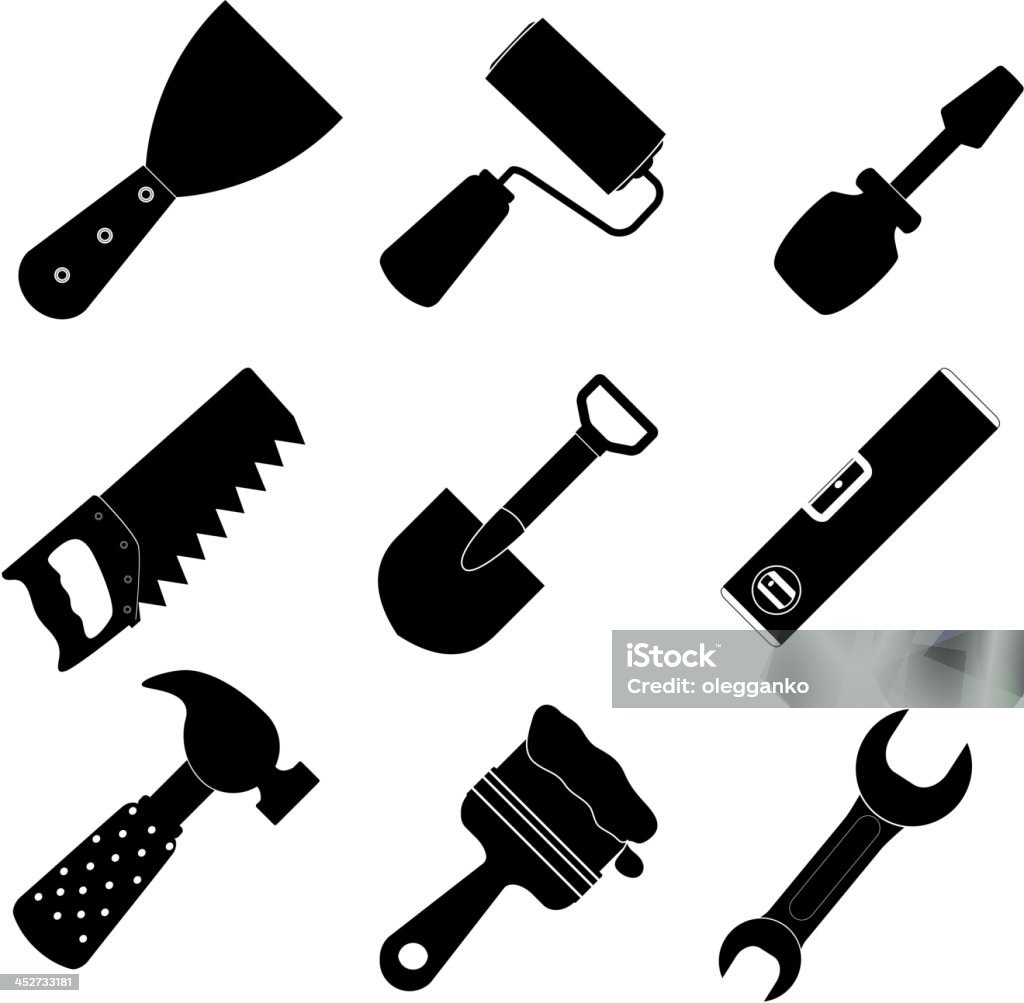 Different tools icon vector illustration set Different tools icon vector illustration set 1. EPS10. Contains transparent objects used for shadows drawing, glare and background. Background to give the gloss Abstract stock vector