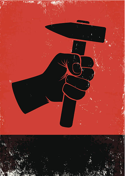 hand holding a hammer Red and black poste witth hand holding a hammer arm hammer stock illustrations
