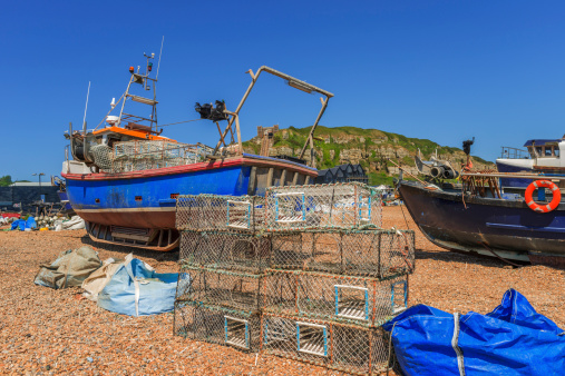trawlers on the shingle beach at Hastings, East Sussex -