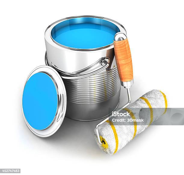 Photo libre de droit de 3 D Pot De Peinture Et Rouleau Brosse banque d'images et plus d'images libres de droit de Bleu - Bleu, Boîte en fer-blanc, Bricolage