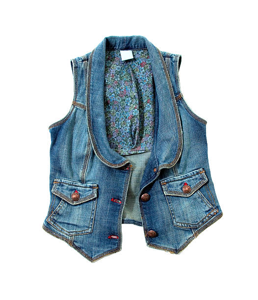 istock Blue denim vest with flowers lining and bronze ornated buttons 452748633