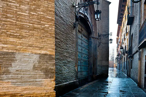 Narrow Street in Zaragoza, Rainy Day